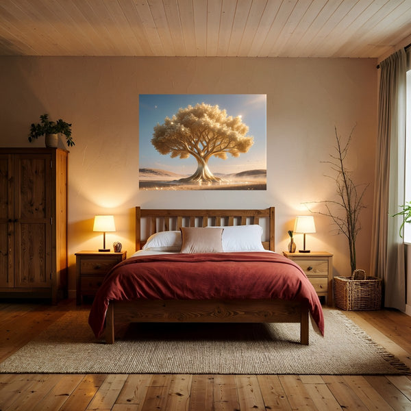 Poster Wandbild Goldener Baum in der Natur fuer Schlafzimmer warmeFarben Querformat
