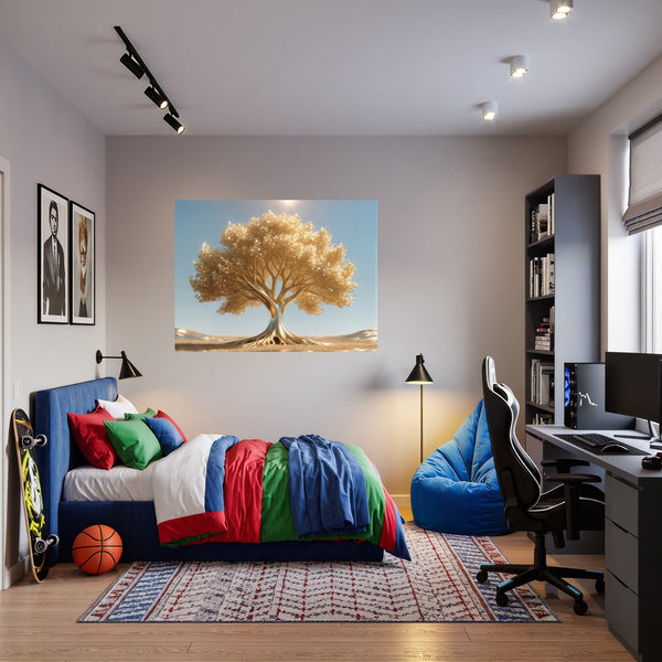 Poster Wandbild Goldener Baum unter blauem Himmel fuer Jugendzimmer warmeFarben Querformat