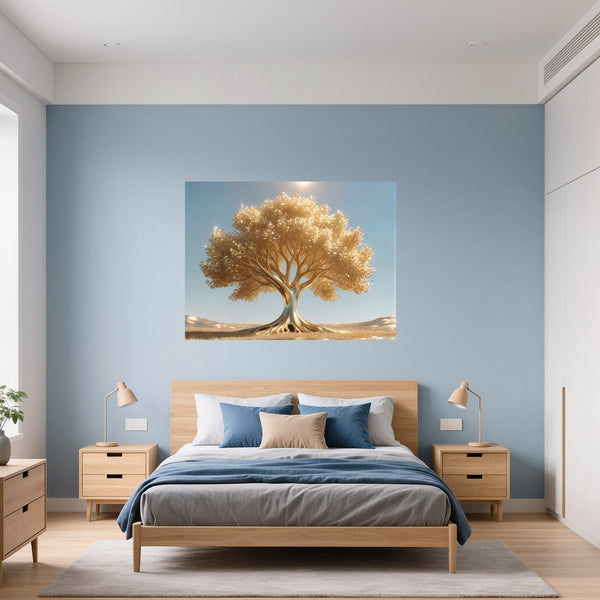 Poster Wandbild Goldener Baum unter blauem Himmel fuer Schlafzimmer blau Querformat
