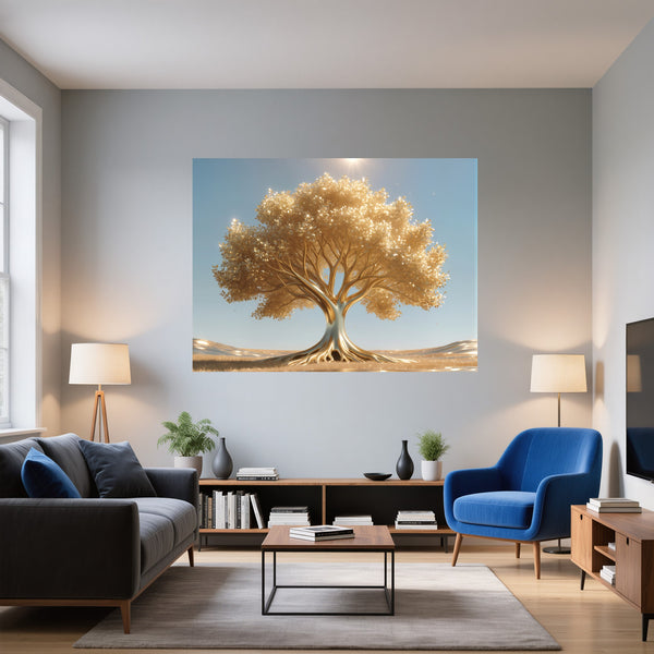 Poster Wandbild Goldener Baum unter blauem Himmel fuer Wohnzimmer blau Querformat