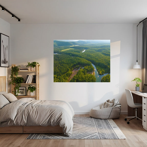 Poster Wandbild Grüne Landschaft mit Fluss fuer Jugendzimmer gruen Querformat