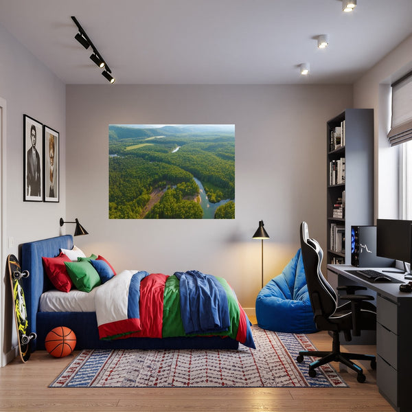 Poster Wandbild Grüne Landschaft mit Fluss fuer Jugendzimmer warmeFarben Querformat