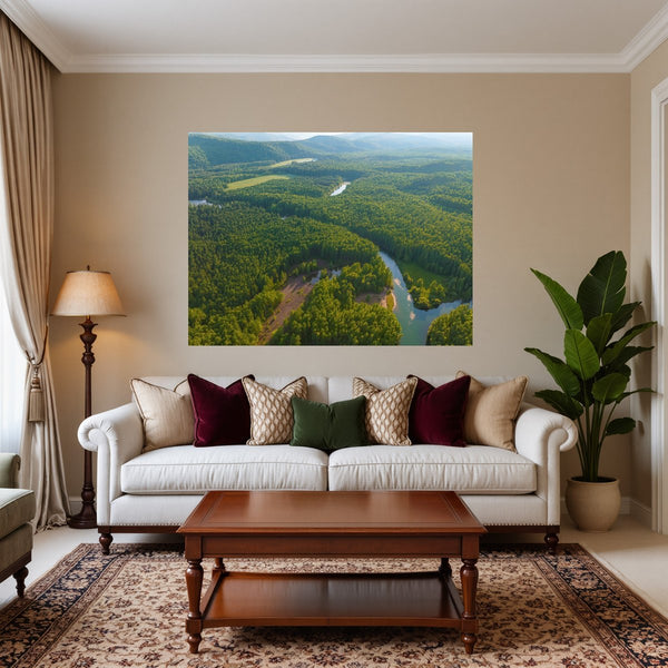 Poster Wandbild Grüne Landschaft mit Fluss fuer Wohnzimmer warmeFarben Querformat