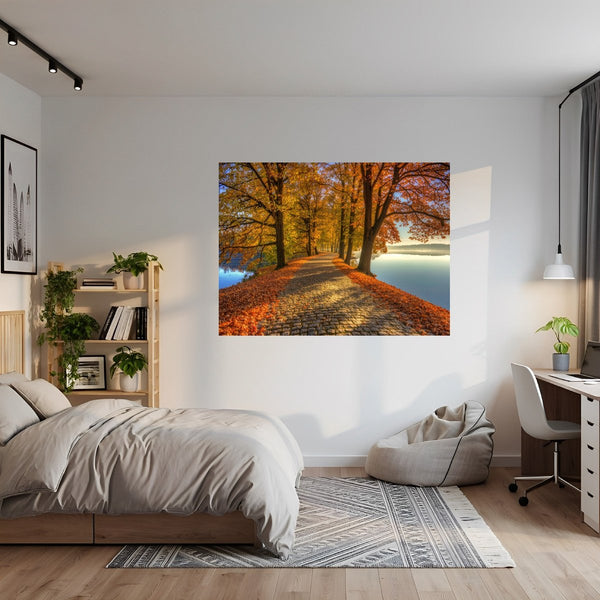 Poster Wandbild Herbstliche Landschaft am Wasser fuer Jugendzimmer grauoderbeige Querformat