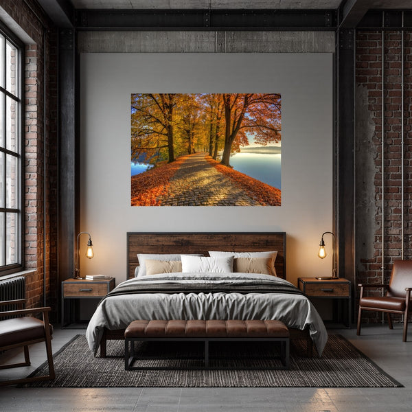 Poster Wandbild Herbstliche Landschaft am Wasser fuer Schlafzimmer dunkelanthrazit Querformat