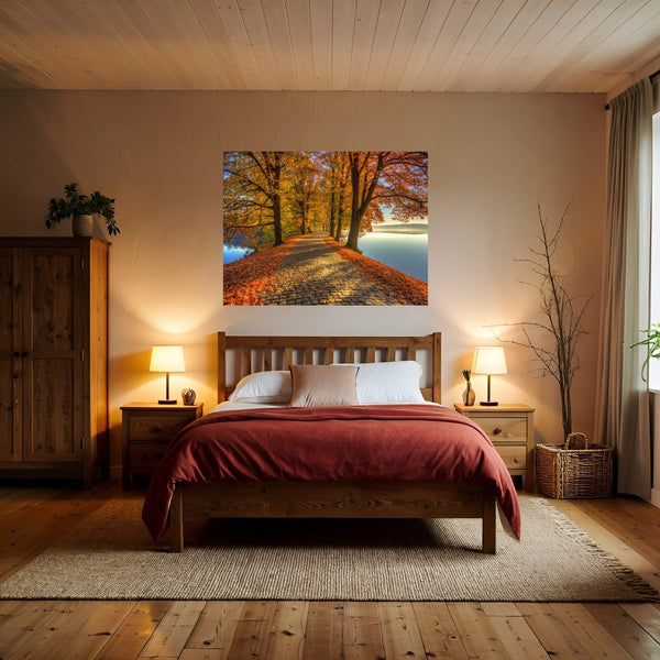 Poster Wandbild Herbstliche Landschaft am Wasser fuer Schlafzimmer warmeFarben Querformat
