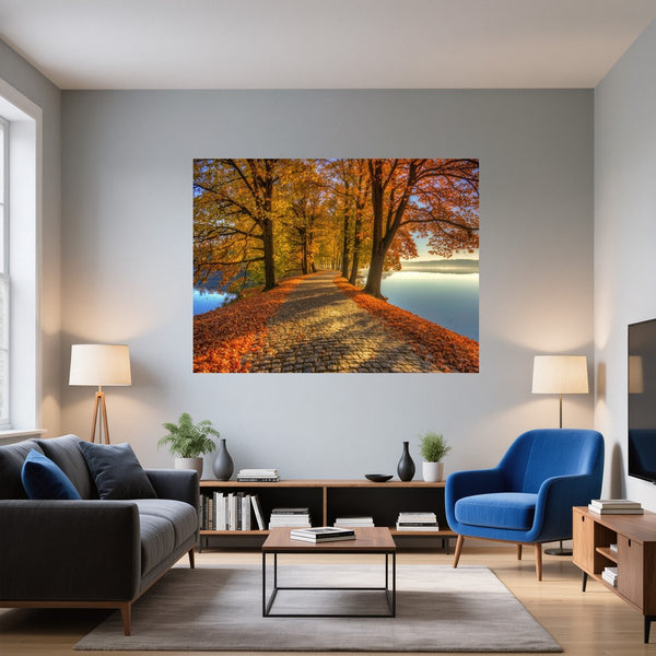 Poster Wandbild Herbstliche Landschaft am Wasser fuer Wohnzimmer blau Querformat