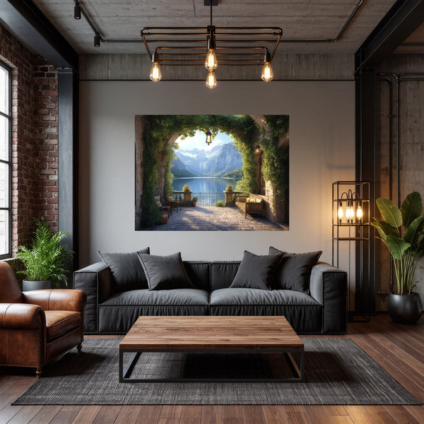 Poster Wandbild Idyllische Berglandschaft fuer Wohnzimmer dunkelanthrazit Querformat