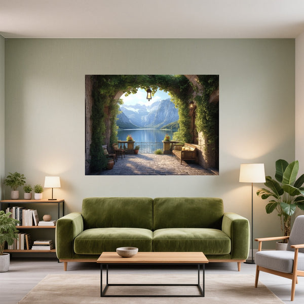 Poster Wandbild Idyllische Berglandschaft fuer Wohnzimmer gruen Querformat