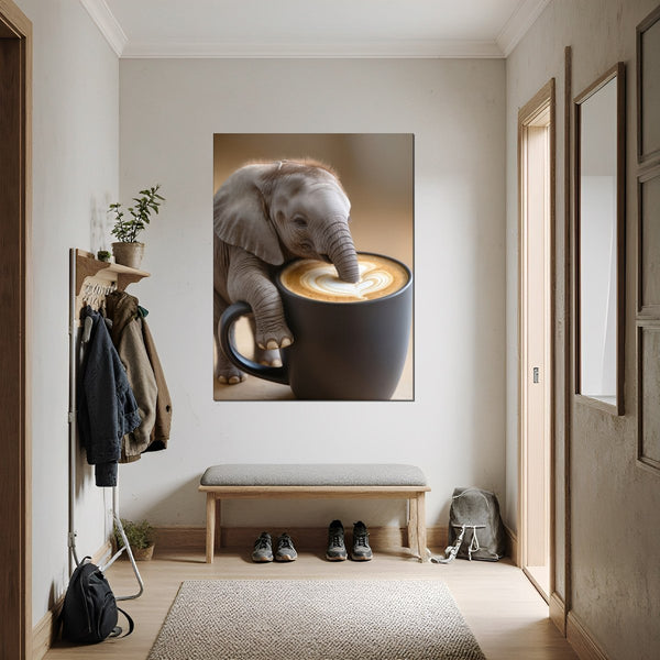 Poster Wandbild Kaffeegenuss mit Elefant B-00016 fuer Flur und Eingang dunkelanthrazit Hochformat