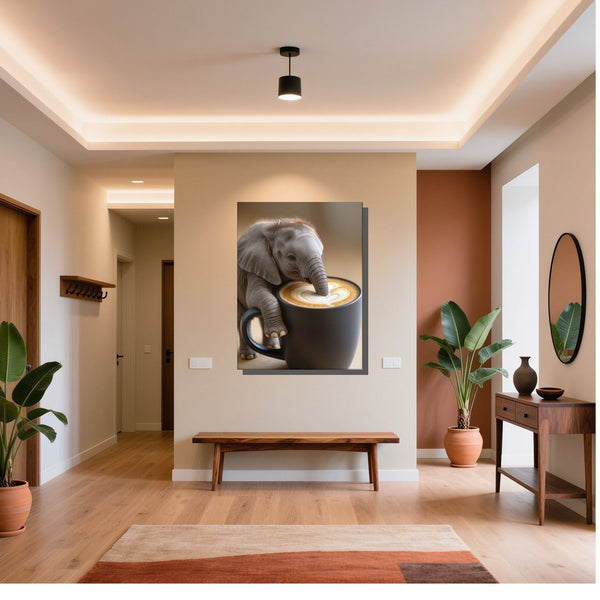 Poster Wandbild Kaffeegenuss mit Elefant B-00016 fuer Flur und Eingang warmeFarben Hochformat