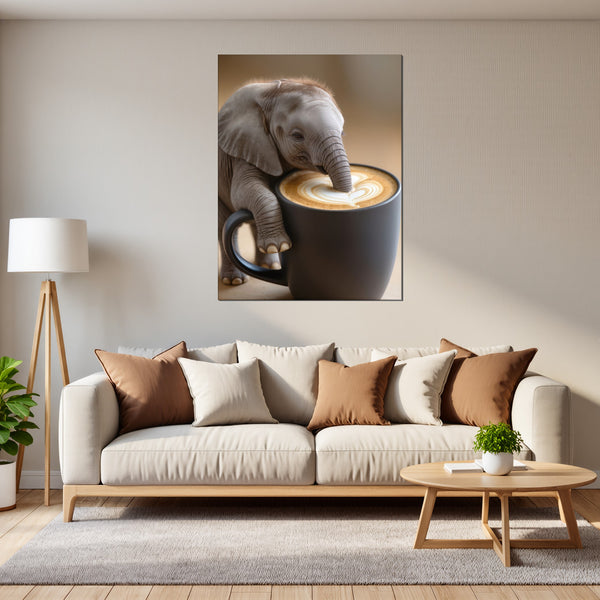 Poster Wandbild Kaffeegenuss mit Elefant B-00016 fuer Wohnzimmer grauoderbeige Hochformat