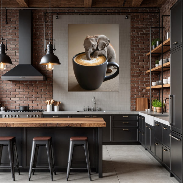 Poster Wandbild Kaffeegenuss mit Elefant fuer Kueche und Esszimmer dunkelanthrazit Hochformat