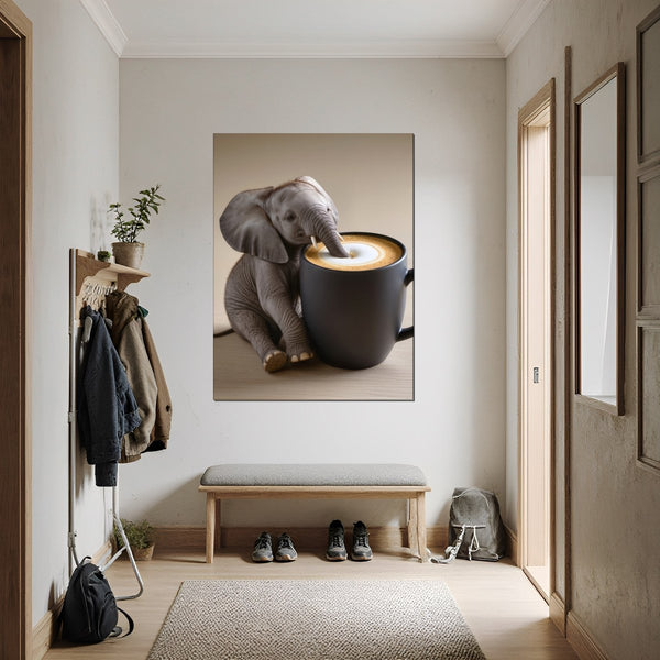 Poster Wandbild Kaffeegenuss mit einem kleinen Elefanten fuer Flur und Eingang dunkelanthrazit Hochformat