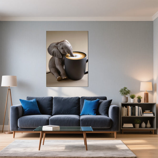 Poster Wandbild Kaffeegenuss mit einem kleinen Elefanten fuer Wohnzimmer blau Hochformat