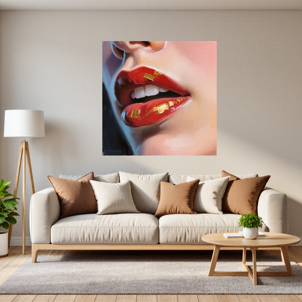 Poster Wandbild Kunstvolle Lippen fuer Wohnzimmer grauoderbeige Quadrat