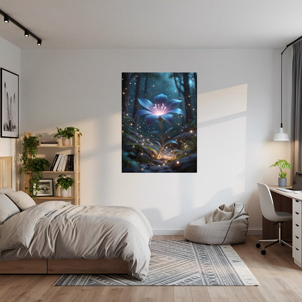 Poster Wandbild Leuchtende Blüte im Wald fuer Jugendzimmer grauoderbeige Hochformat