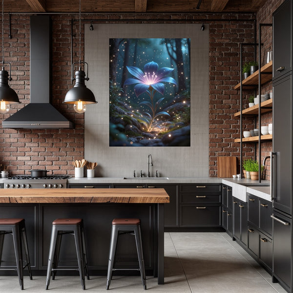 Poster Wandbild Leuchtende Blüte im Wald fuer Kueche und Esszimmer dunkelanthrazit Hochformat