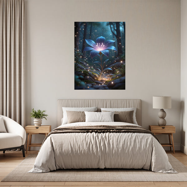Poster Wandbild Leuchtende Blüte im Wald fuer Schlafzimmer grauoderbeige Hochformat