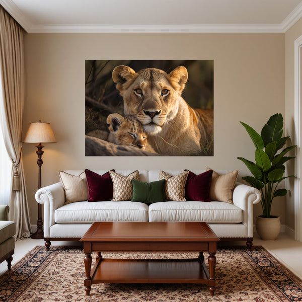 Poster Wandbild Löwenmutter mit Jungtier fuer Wohnzimmer warmeFarben Querformat