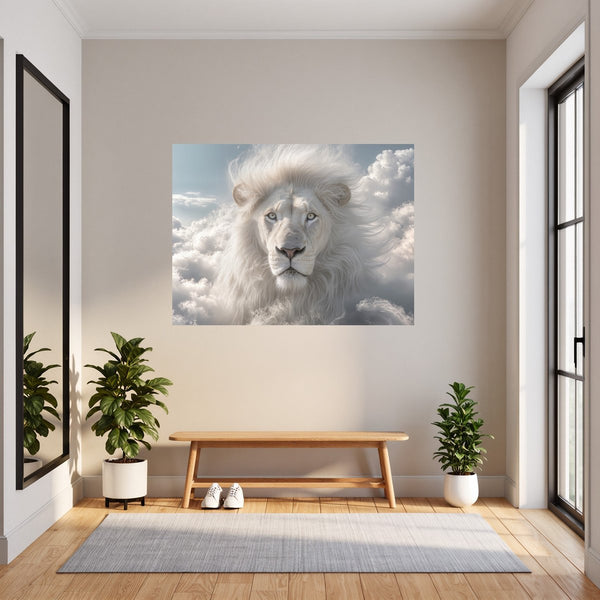 Poster Wandbild Majestätischer Löwe im Himmel fuer Flur und Eingang grauoderbeige Querformat