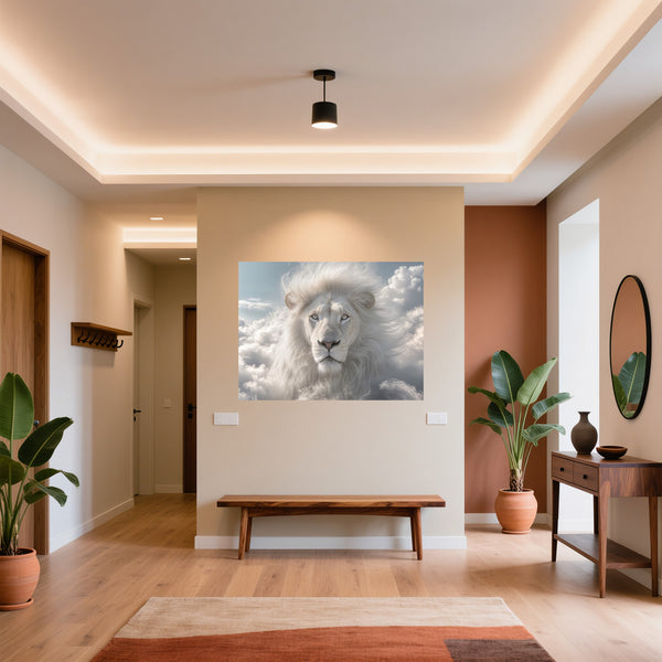 Poster Wandbild Majestätischer Löwe im Himmel fuer Flur und Eingang warmeFarben Querformat