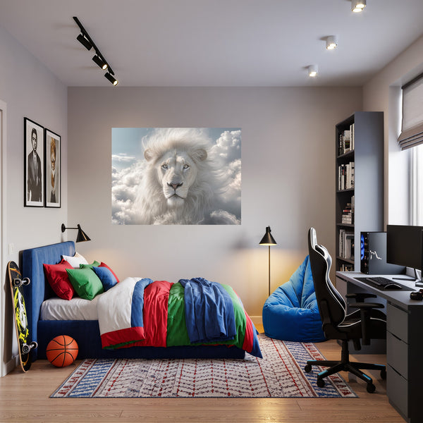 Poster Wandbild Majestätischer Löwe im Himmel fuer Jugendzimmer warmeFarben Querformat
