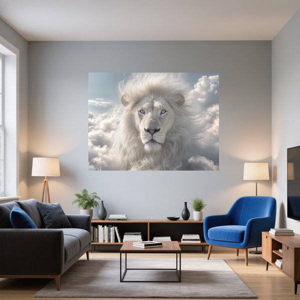 Poster Wandbild Majestätischer Löwe im Himmel fuer Wohnzimmer blau Querformat