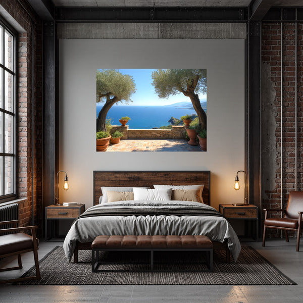 Poster Wandbild Mediterrane Aussicht fuer Schlafzimmer dunkelanthrazit Querformat