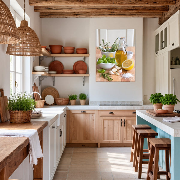 Poster Wandbild Mediterrane Köstlichkeiten fuer Kueche und Esszimmer warmeFarben Hochformat