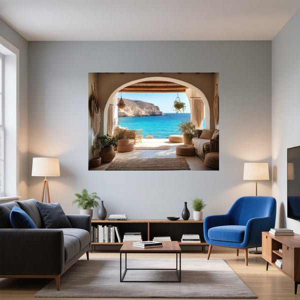 Poster Wandbild Mediterranes Paradies fuer Wohnzimmer blau Querformat