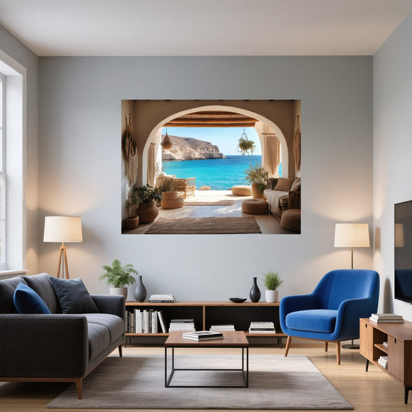 Poster Wandbild Mediterranes Paradies fuer Wohnzimmer blau Querformat