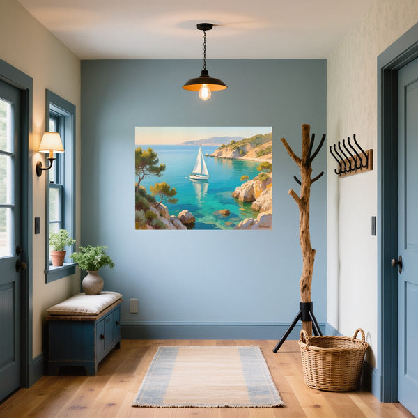 Poster Wandbild Mediterranes Segelabenteuer fuer Flur und Eingang blau Querformat