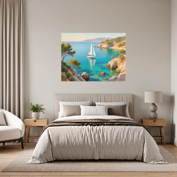 Poster Wandbild Mediterranes Segelabenteuer fuer Schlafzimmer grauoderbeige Querformat