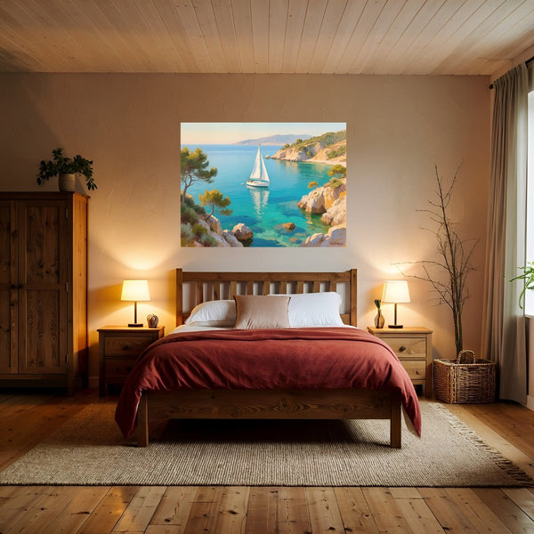 Poster Wandbild Mediterranes Segelabenteuer fuer Schlafzimmer warmeFarben Querformat