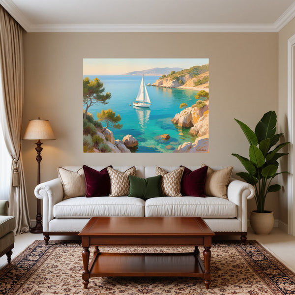 Poster Wandbild Mediterranes Segelabenteuer fuer Wohnzimmer warmeFarben Querformat