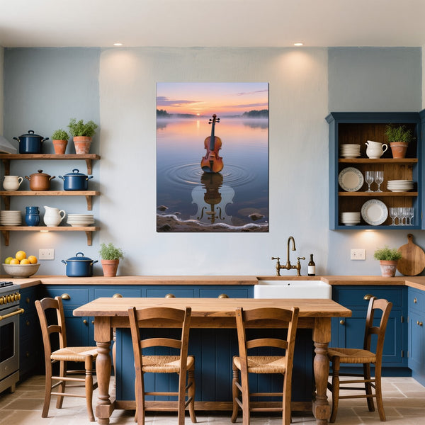 Poster Wandbild Melodien des Sonnenaufgangs fuer Kueche und Esszimmer blau Hochformat