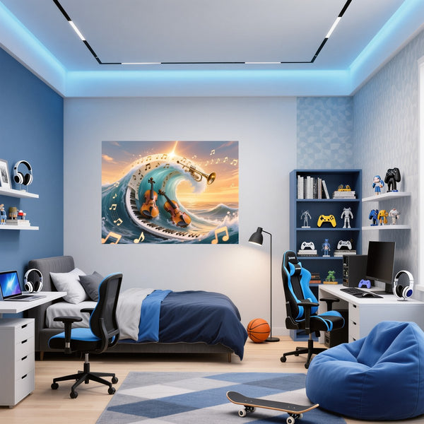 Poster Wandbild Musik und Wellen fuer Jugendzimmer blau Querformat