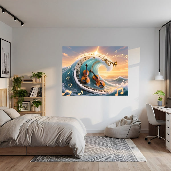 Poster Wandbild Musik und Wellen fuer Jugendzimmer grauoderbeige Querformat