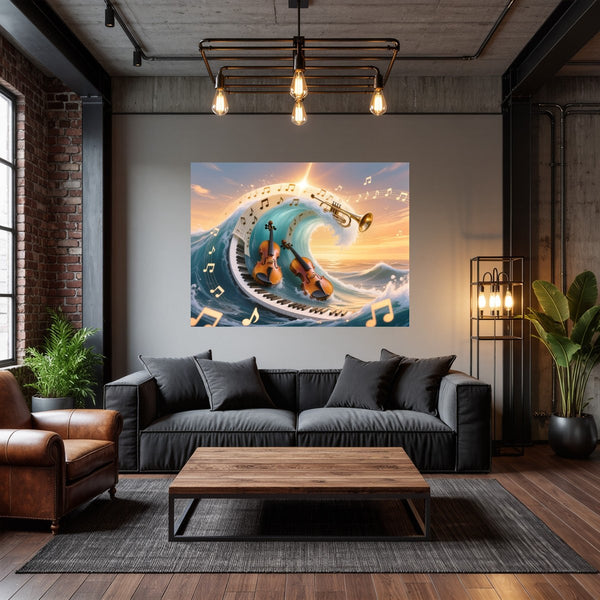 Poster Wandbild Musik und Wellen fuer Wohnzimmer dunkelanthrazit Querformat