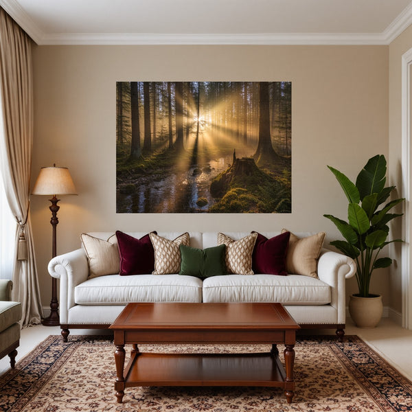 Poster Wandbild Mystischer Wald mit Sonnenstrahlen fuer Wohnzimmer warmeFarben Querformat