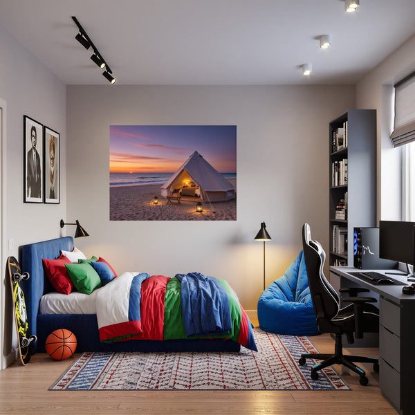 Poster Wandbild Romantisches Strandzelt bei Sonnenuntergang B-00019 fuer Jugendzimmer warmeFarben Querformat