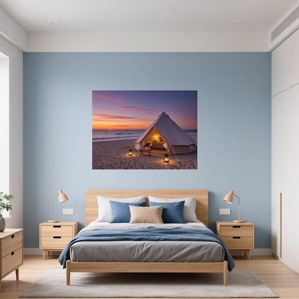 Poster Wandbild Romantisches Strandzelt bei Sonnenuntergang B-00019 fuer Schlafzimmer blau Querformat