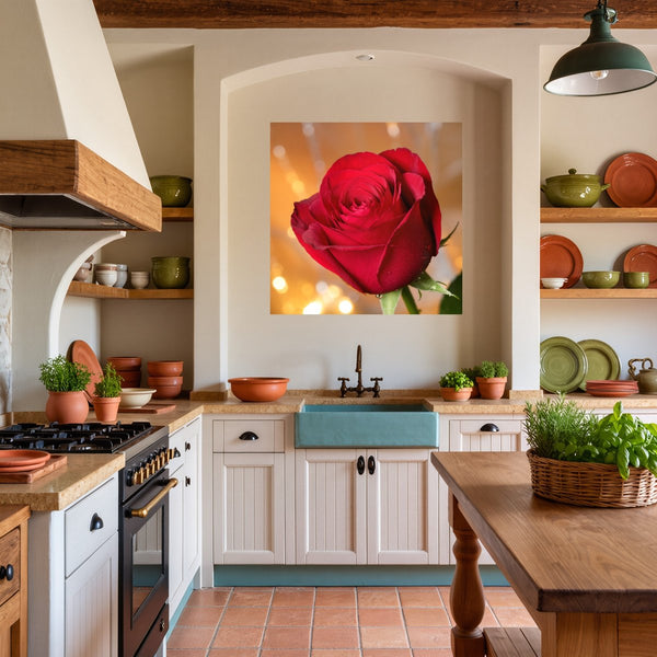 Poster Wandbild Rote Rose in voller Blüte B-00017 fuer Kueche und Esszimmer gruen Quadrat