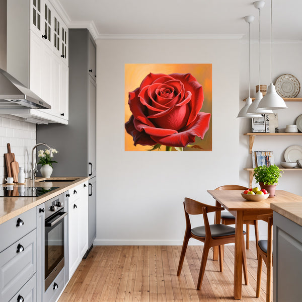 Poster Wandbild Rote Rose in voller Blüte fuer Kueche und Esszimmer grauoderbeige Quadrat