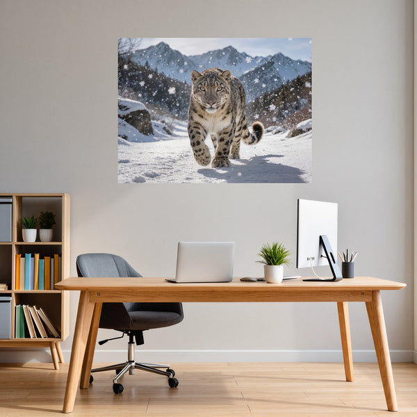 Poster Wandbild Schneeleopard im Winterwunderland fuer Büro- und Arbeitszimmer warmeFarben Querformat