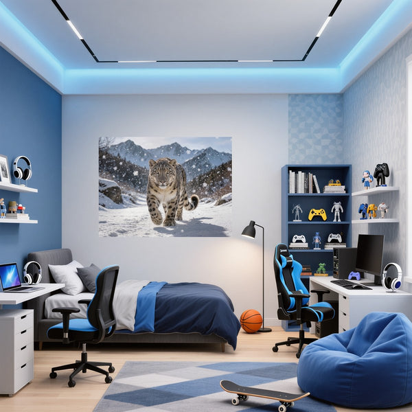 Poster Wandbild Schneeleopard im Winterwunderland fuer Jugendzimmer blau Querformat