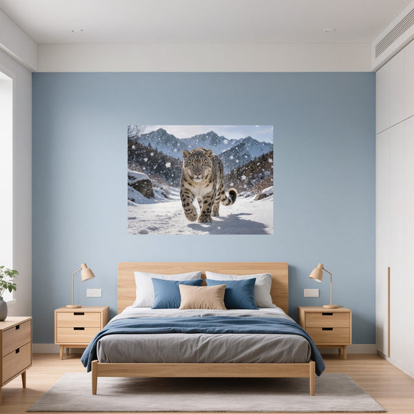 Poster Wandbild Schneeleopard im Winterwunderland fuer Schlafzimmer blau Querformat