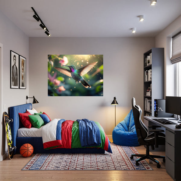 Poster Wandbild Schwebender Kolibri fuer Jugendzimmer warmeFarben Querformat
