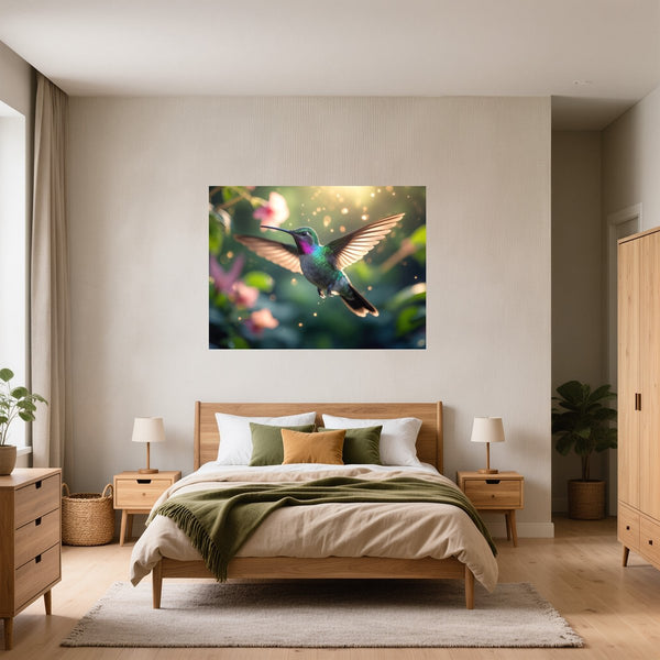 Poster Wandbild Schwebender Kolibri fuer Schlafzimmer gruen Querformat